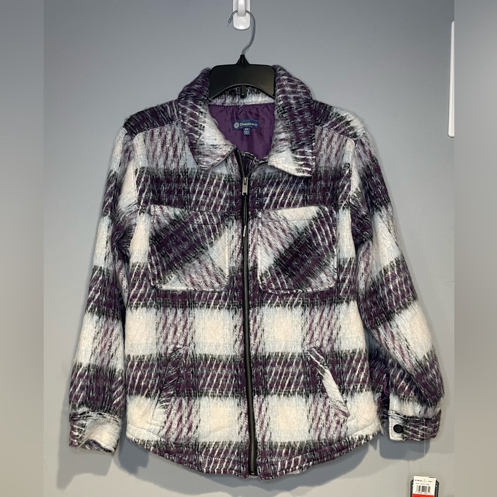 Democracy Long Blouson Sleeve Zip Front Collared Patch Pocket Plaid Jacket XS - Picture 5 of 12